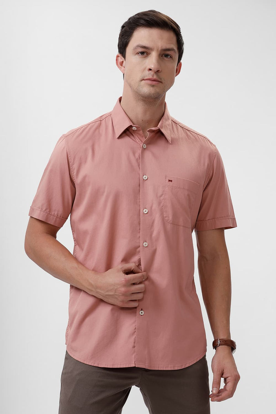 BASICS SLIM FIT WITHERED PINK COTTON TWILL HALFSLEEVES SHIRT