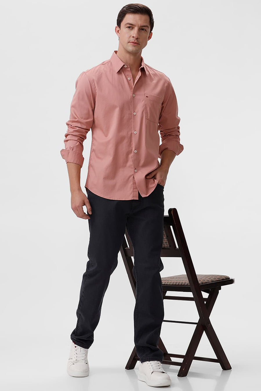 BASICS SLIM FIT WITHERED PINK COTTON TWILL SHIRT