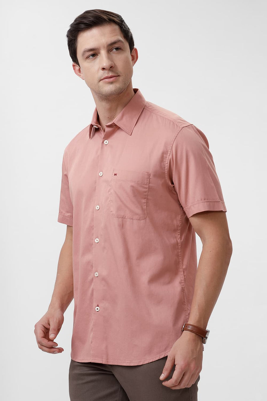 BASICS SLIM FIT WITHERED PINK COTTON TWILL HALFSLEEVES SHIRT