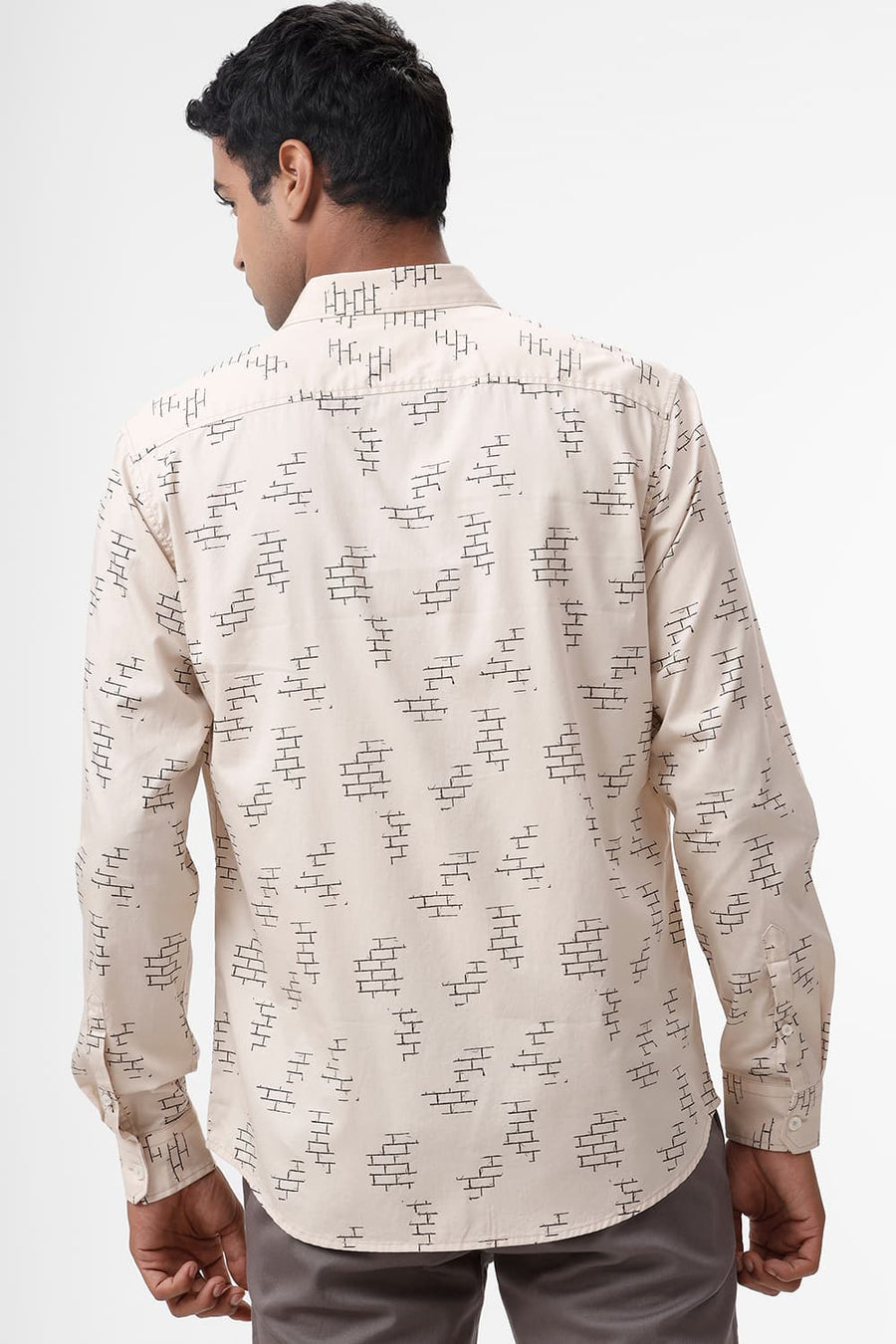 BASICS SLIM FIT KHAKI SMOKE COTTON TWILL PRINTED SHIRT