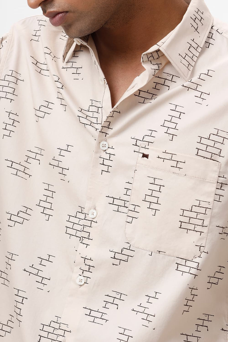 BASICS SLIM FIT KHAKI SMOKE COTTON TWILL PRINTED SHIRT