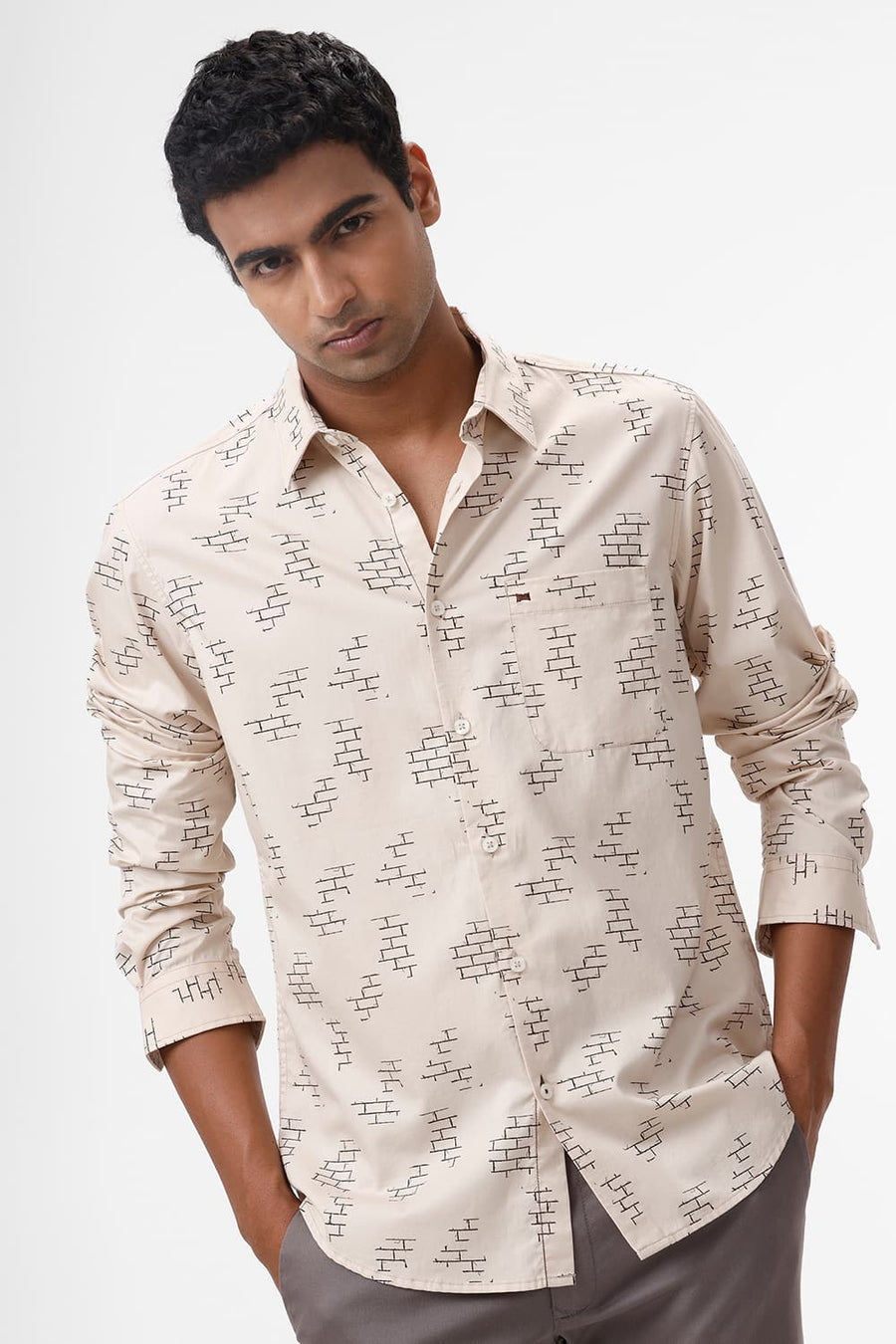 BASICS SLIM FIT KHAKI SMOKE COTTON TWILL PRINTED SHIRT