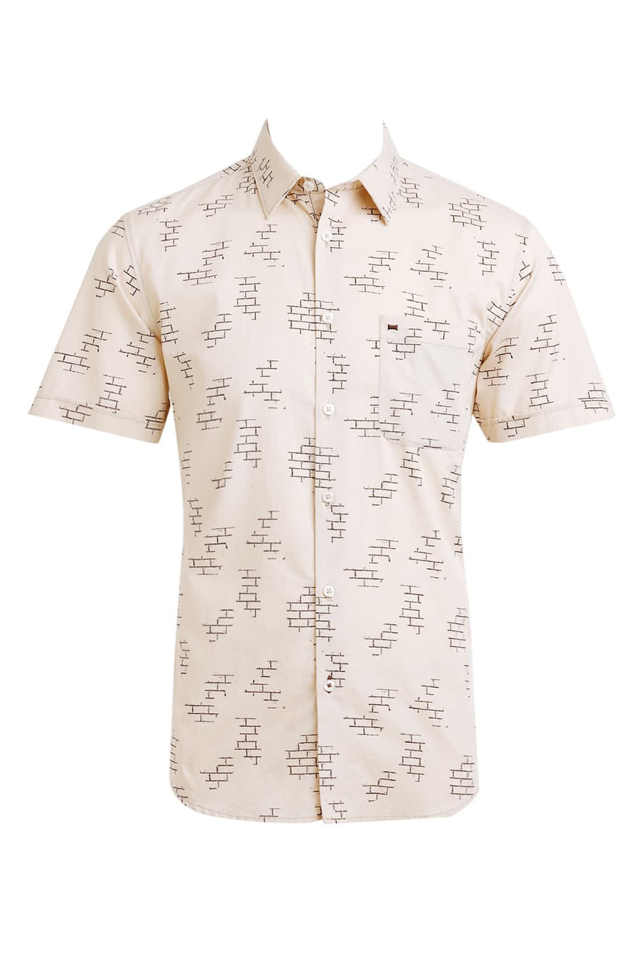 BASICS SLIM FIT KHAKI SMOKE COTTON TWILL PRINTED HALFSLEEVES SHIRT
