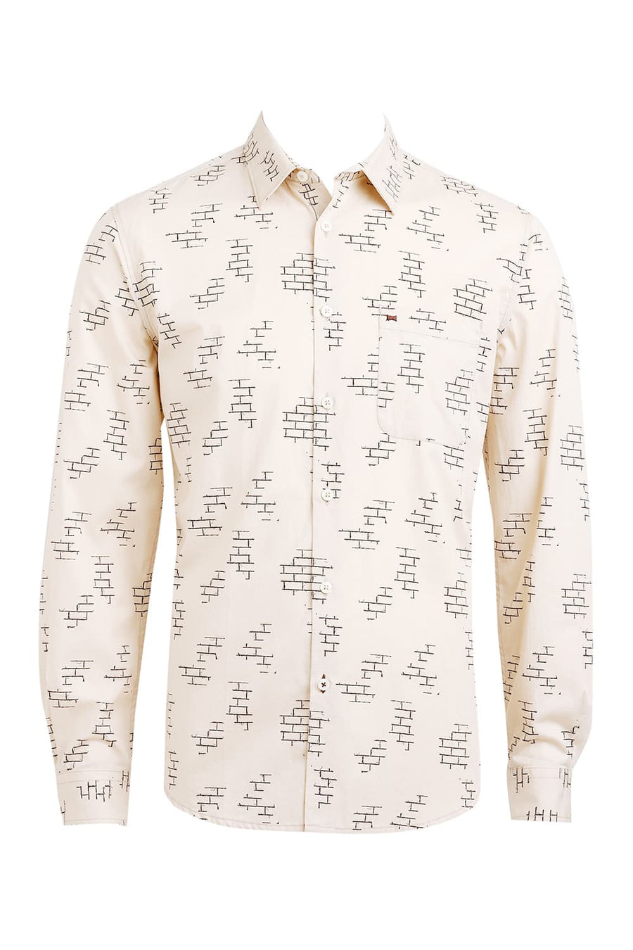 BASICS SLIM FIT KHAKI SMOKE COTTON TWILL PRINTED SHIRT