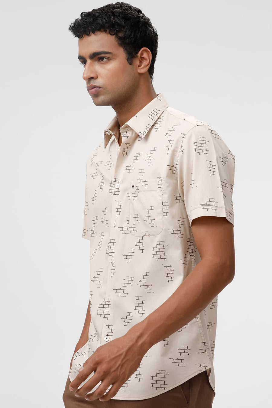 BASICS SLIM FIT KHAKI SMOKE COTTON TWILL PRINTED HALFSLEEVES SHIRT