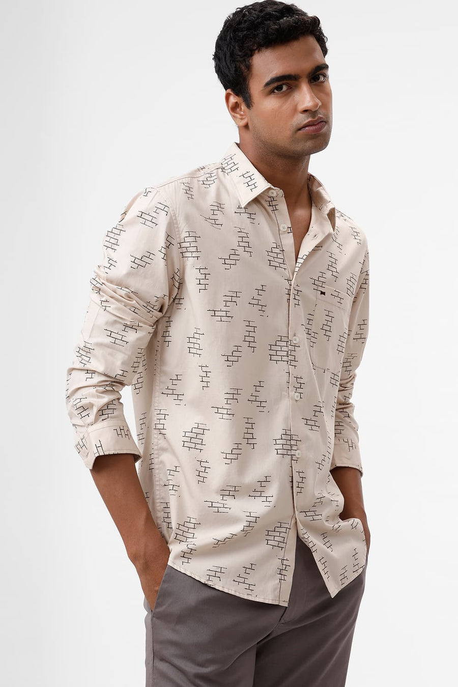 BASICS SLIM FIT KHAKI SMOKE COTTON TWILL PRINTED SHIRT