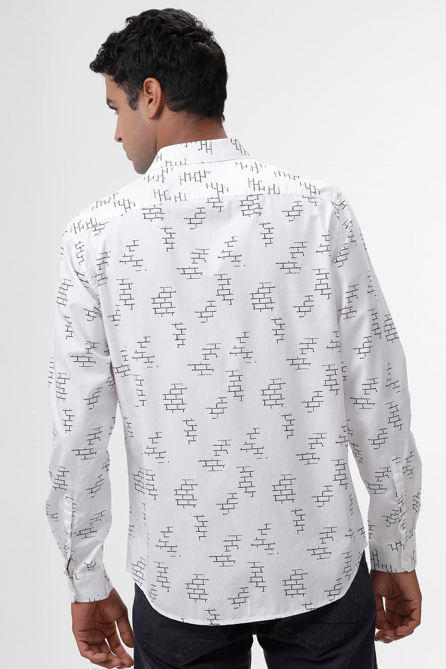 BASICS SLIM FIT CLOUD WHITE COTTON TWILL PRINTED SHIRT