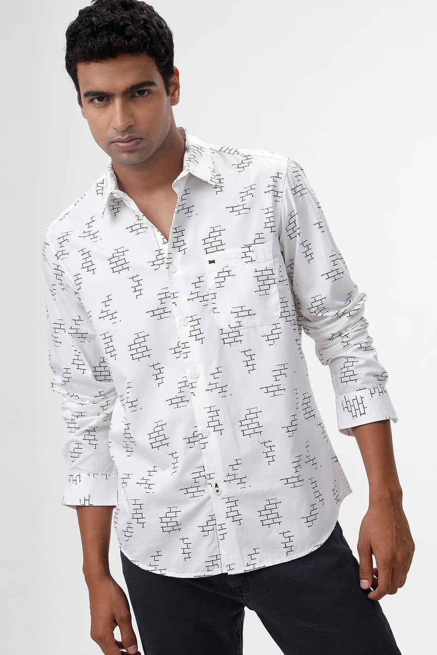 BASICS SLIM FIT CLOUD WHITE COTTON TWILL PRINTED SHIRT