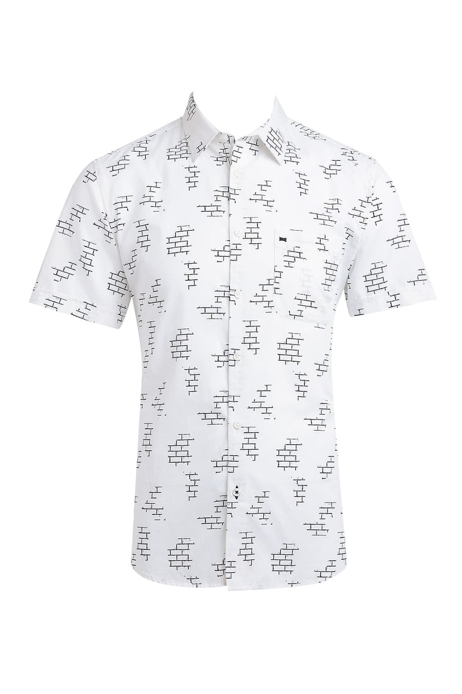 BASICS SLIM FIT CLOUD WHITE COTTON TWILL PRINTED HALFSLEEVES SHIRT