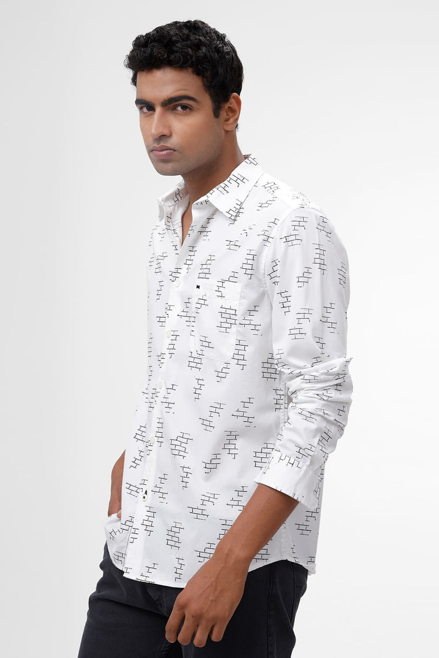 BASICS SLIM FIT CLOUD WHITE COTTON TWILL PRINTED SHIRT