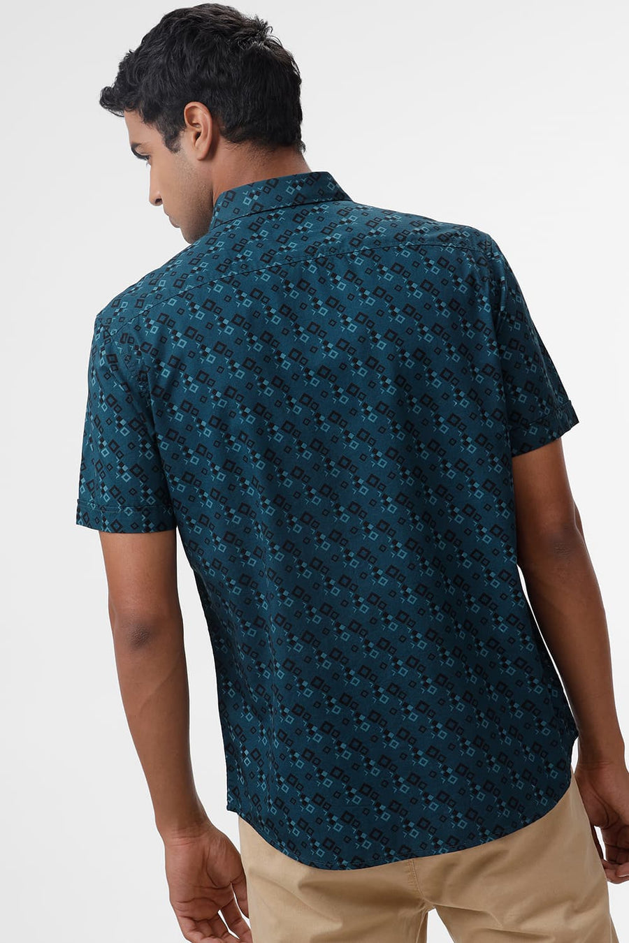BASICS SLIM FIT DEEP TEAL COTTON TWILL PRINTED HALFSLEEVES SHIRT