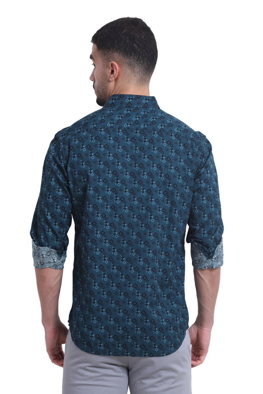 BASICS SLIM FIT DEEP TEAL COTTON TWILL PRINTED SHIRT