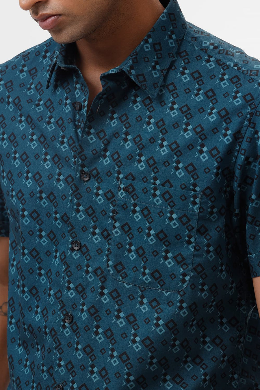 BASICS SLIM FIT DEEP TEAL COTTON TWILL PRINTED HALFSLEEVES SHIRT