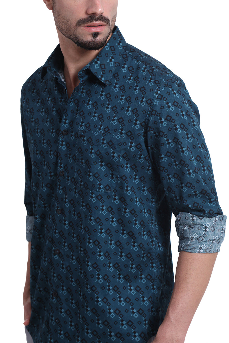BASICS SLIM FIT DEEP TEAL COTTON TWILL PRINTED SHIRT