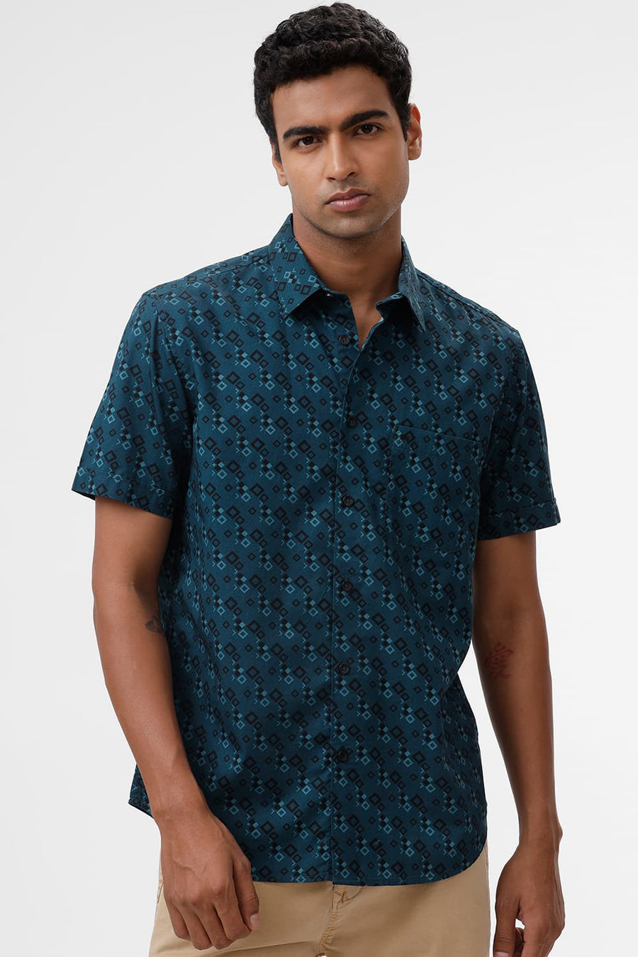 BASICS SLIM FIT DEEP TEAL COTTON TWILL PRINTED HALFSLEEVES SHIRT