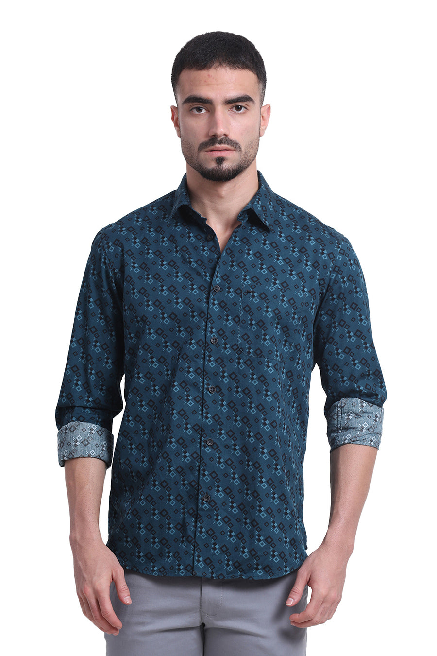 BASICS SLIM FIT DEEP TEAL COTTON TWILL PRINTED SHIRT