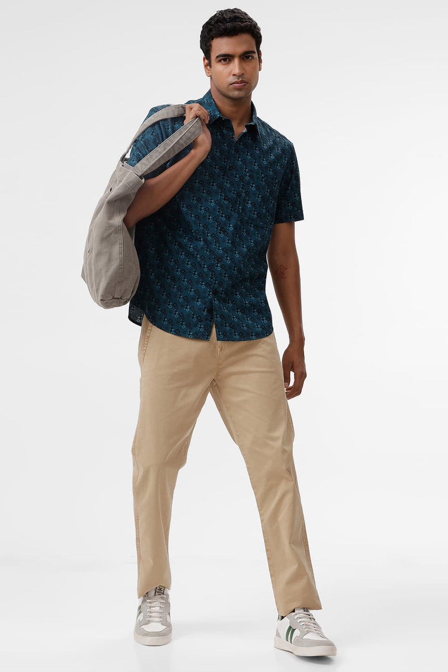 BASICS SLIM FIT DEEP TEAL COTTON TWILL PRINTED HALFSLEEVES SHIRT