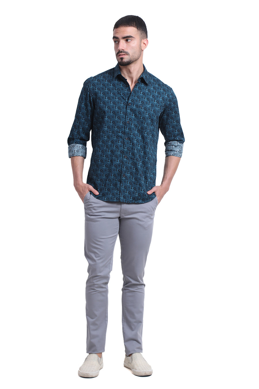 BASICS SLIM FIT DEEP TEAL COTTON TWILL PRINTED SHIRT