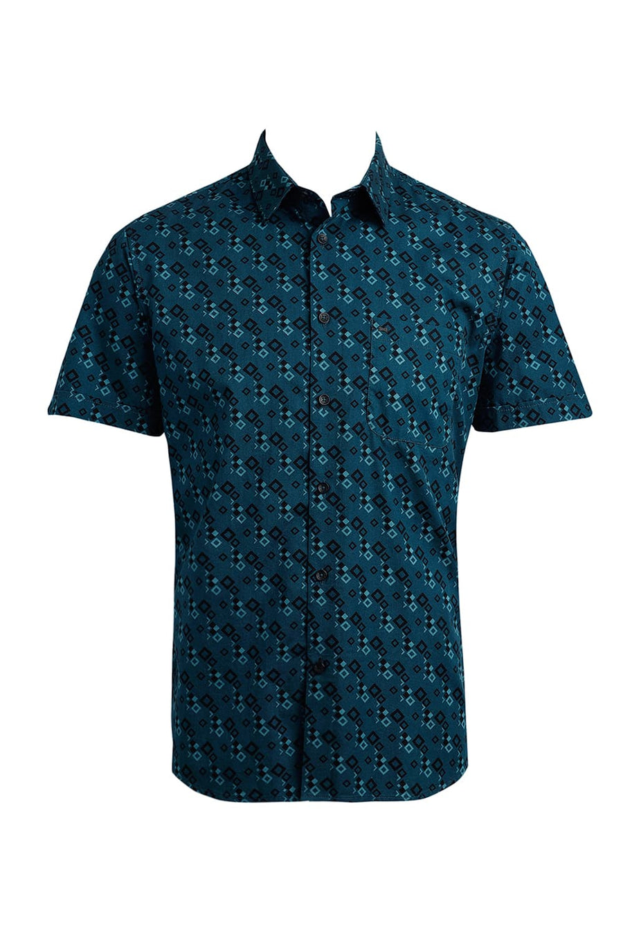 BASICS SLIM FIT DEEP TEAL COTTON TWILL PRINTED HALFSLEEVES SHIRT