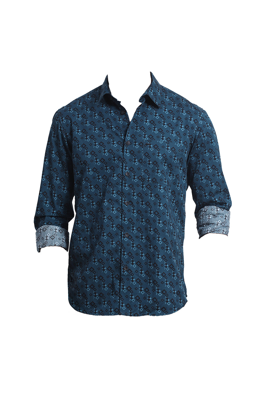 BASICS SLIM FIT DEEP TEAL COTTON TWILL PRINTED SHIRT