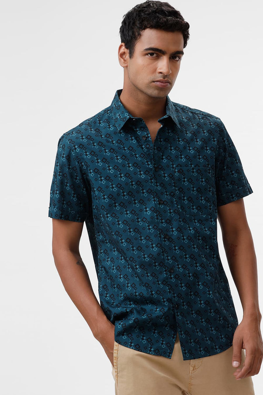 BASICS SLIM FIT DEEP TEAL COTTON TWILL PRINTED HALFSLEEVES SHIRT