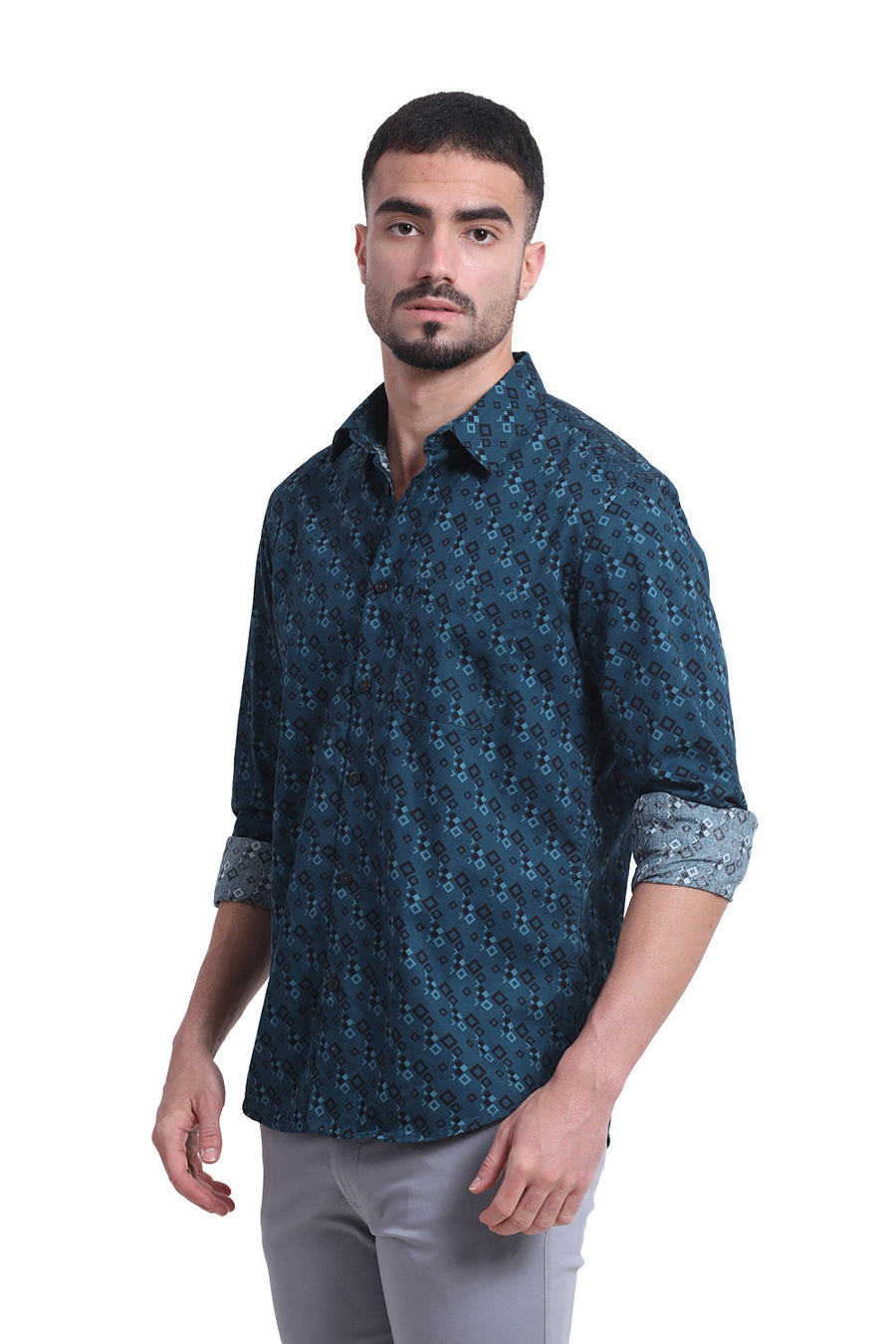 BASICS SLIM FIT DEEP TEAL COTTON TWILL PRINTED SHIRT
