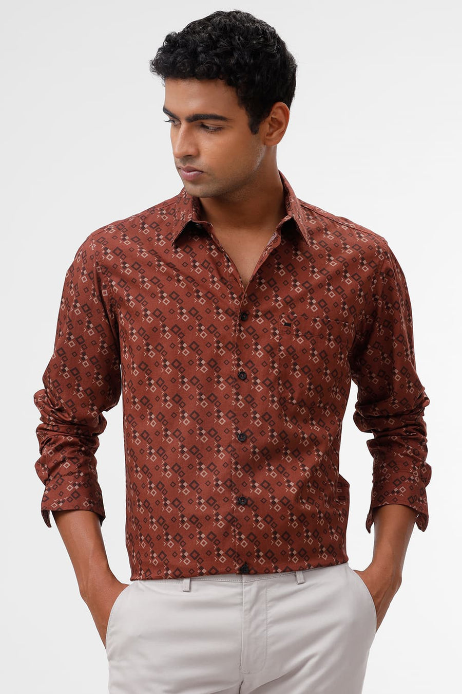 BASICS SLIM FIT CHERRY BROWN COTTON TWILL PRINTED SHIRT
