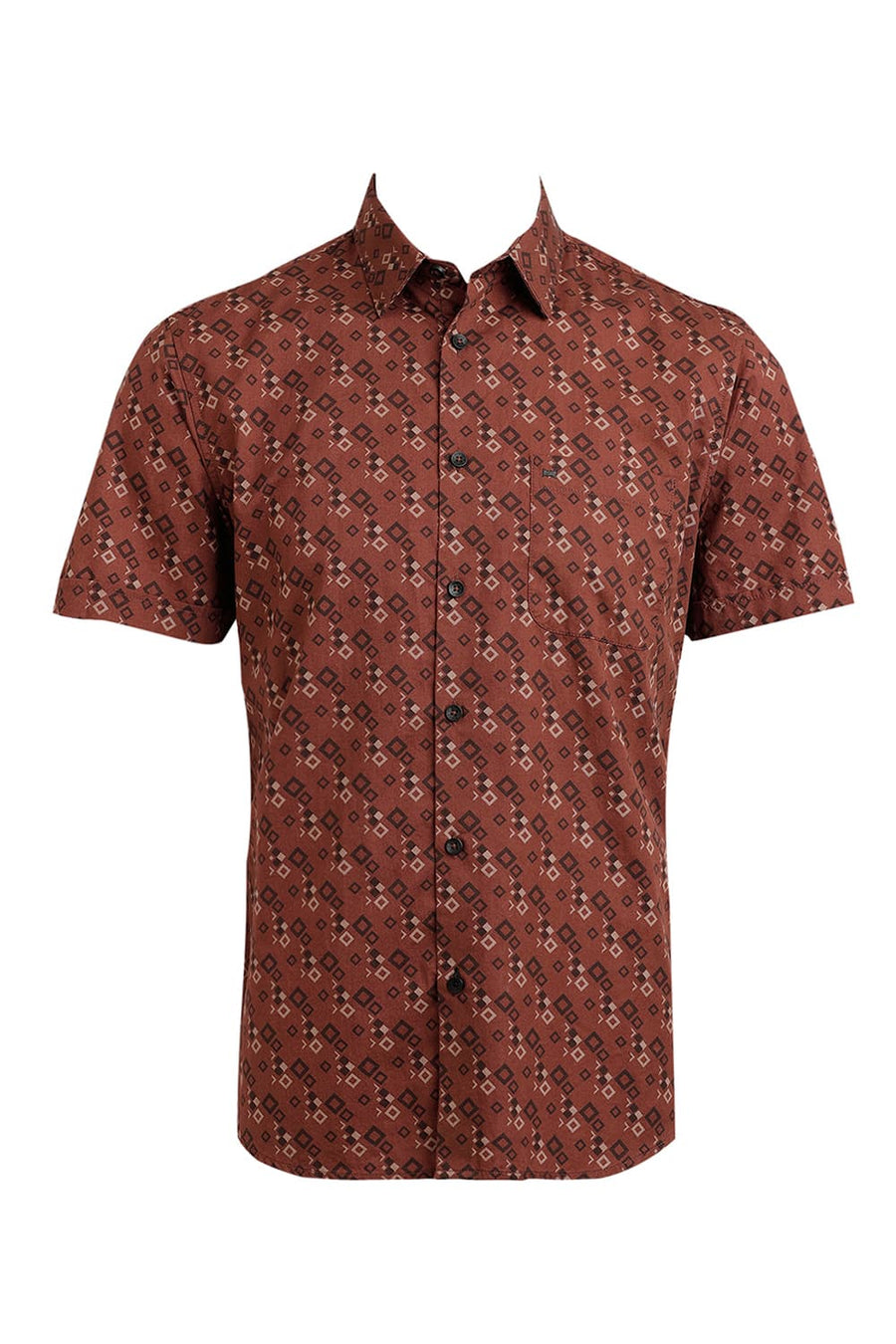 BASICS SLIM FIT CHERRY BROWN COTTON TWILL PRINTED HALFSLEEVES SHIRT