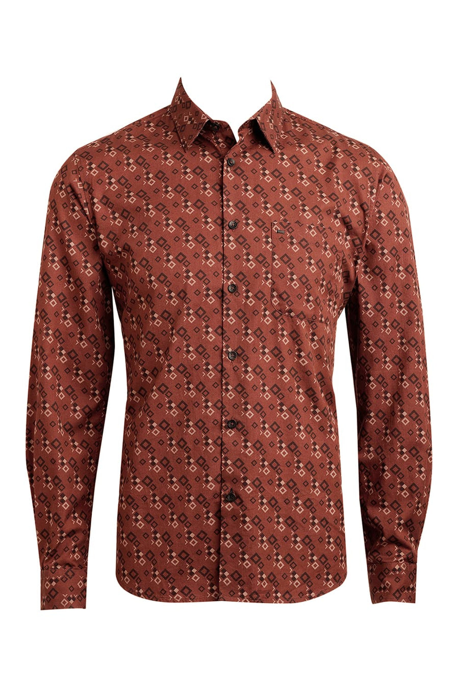 BASICS SLIM FIT CHERRY BROWN COTTON TWILL PRINTED SHIRT
