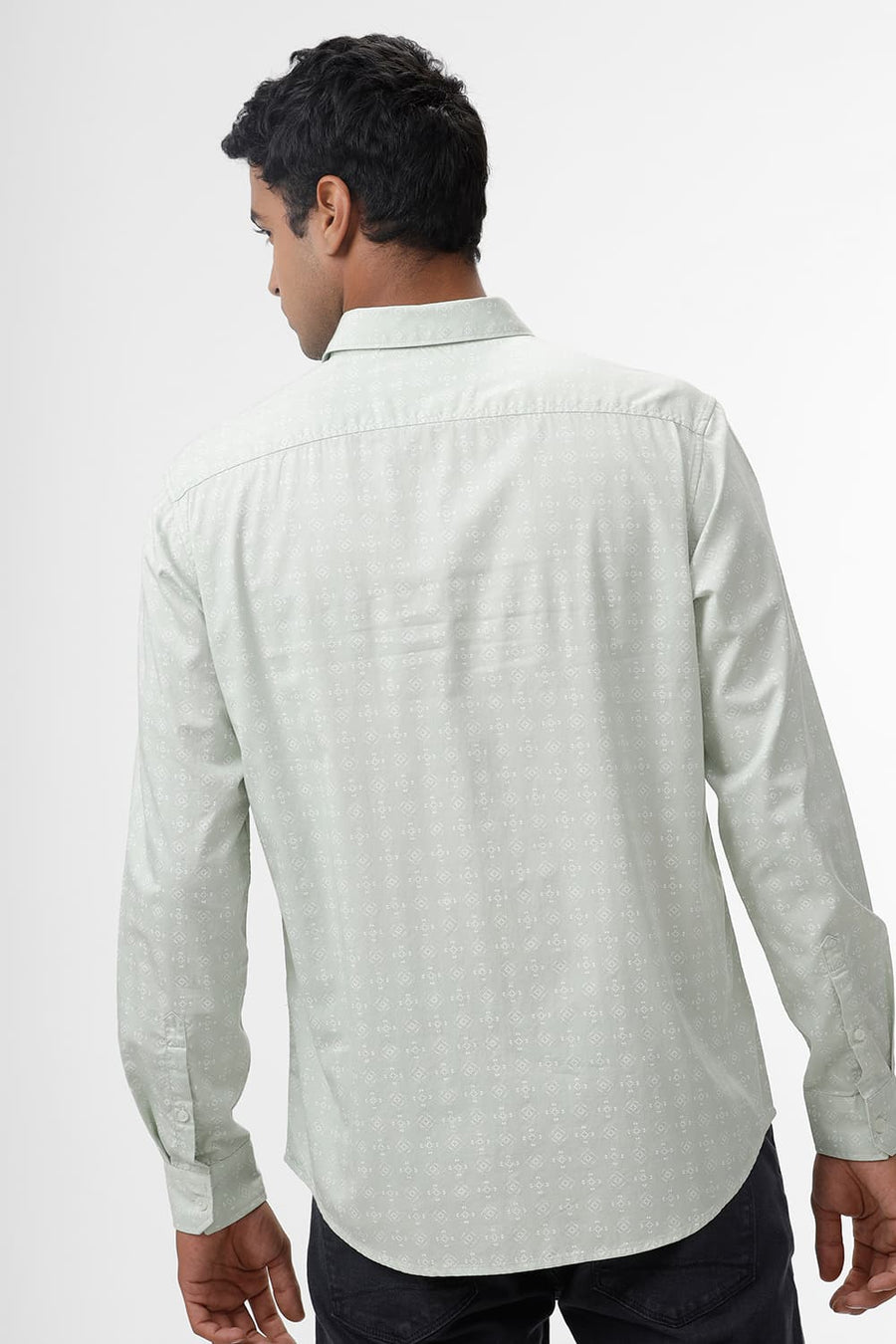 BASICS SLIM FIT CANARY GREEN COTTON TWILL PRINTED SHIRT
