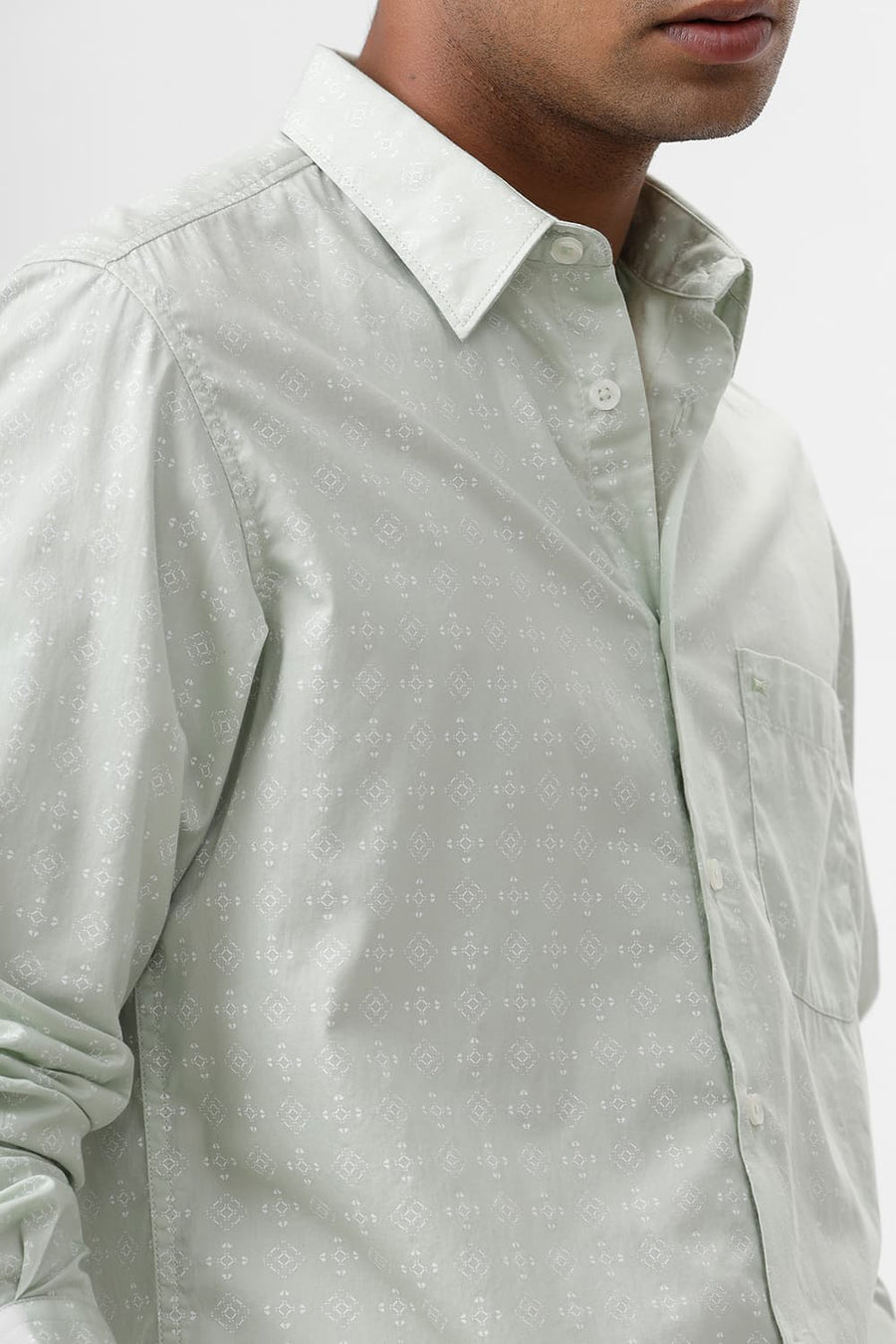 BASICS SLIM FIT CANARY GREEN COTTON TWILL PRINTED SHIRT
