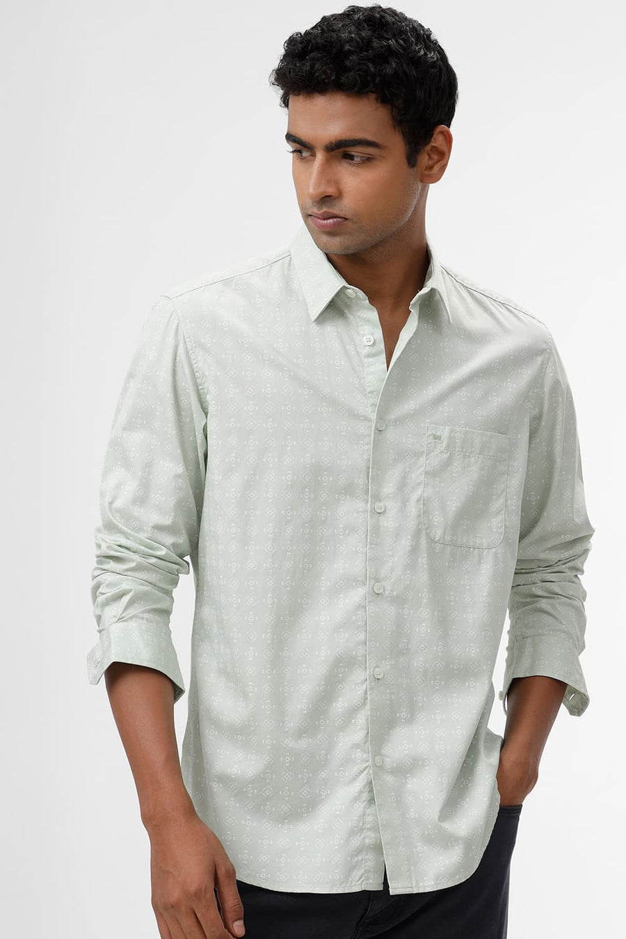 BASICS SLIM FIT CANARY GREEN COTTON TWILL PRINTED SHIRT