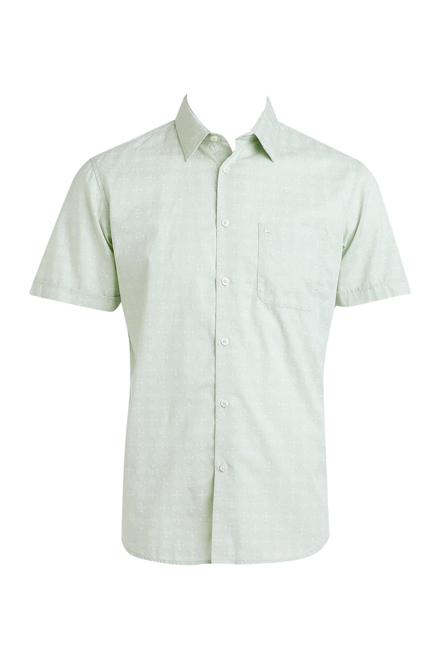 BASICS SLIM FIT CANARY GREEN COTTON TWILL PRINTED HALFSLEEVES SHIRT
