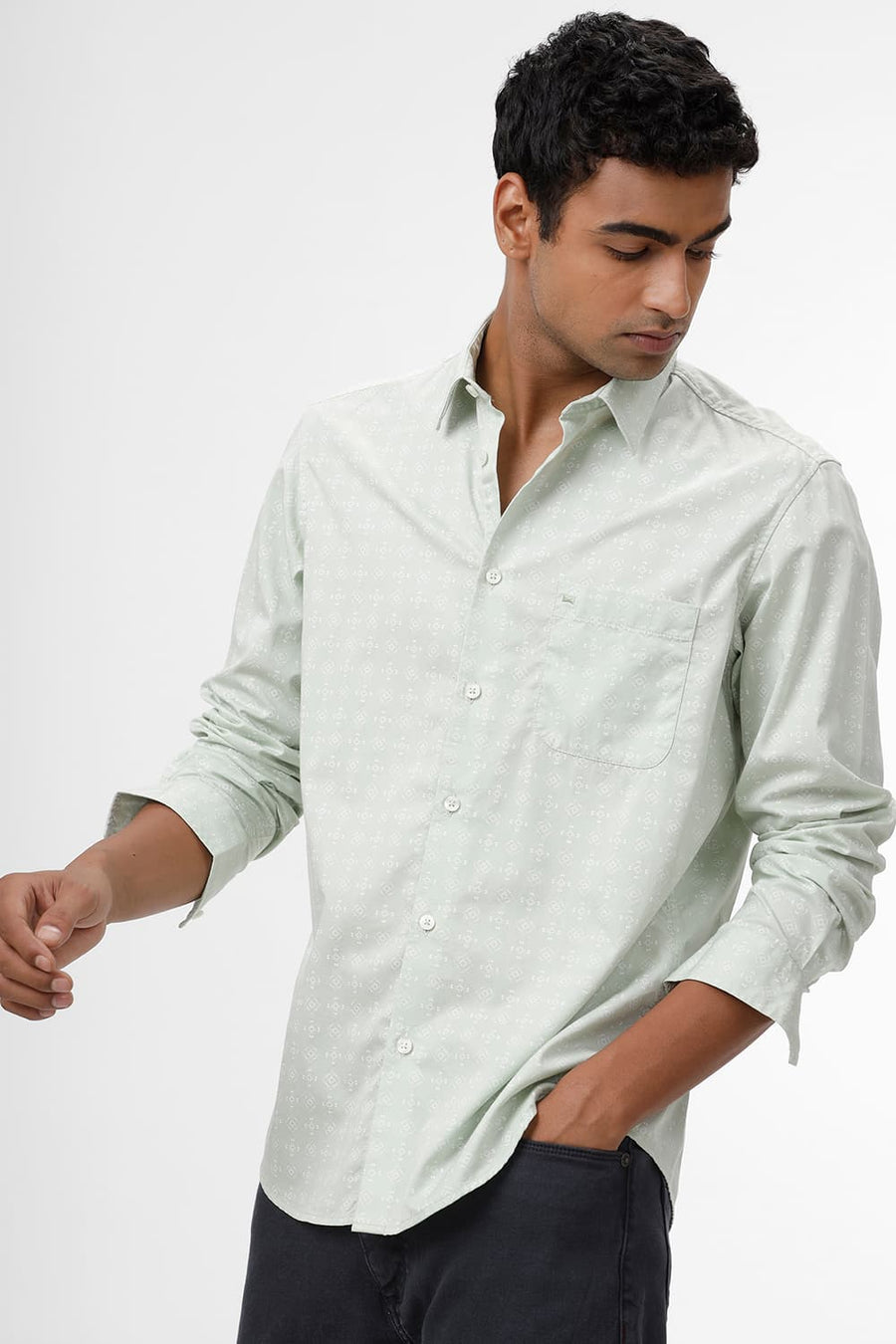 BASICS SLIM FIT CANARY GREEN COTTON TWILL PRINTED SHIRT
