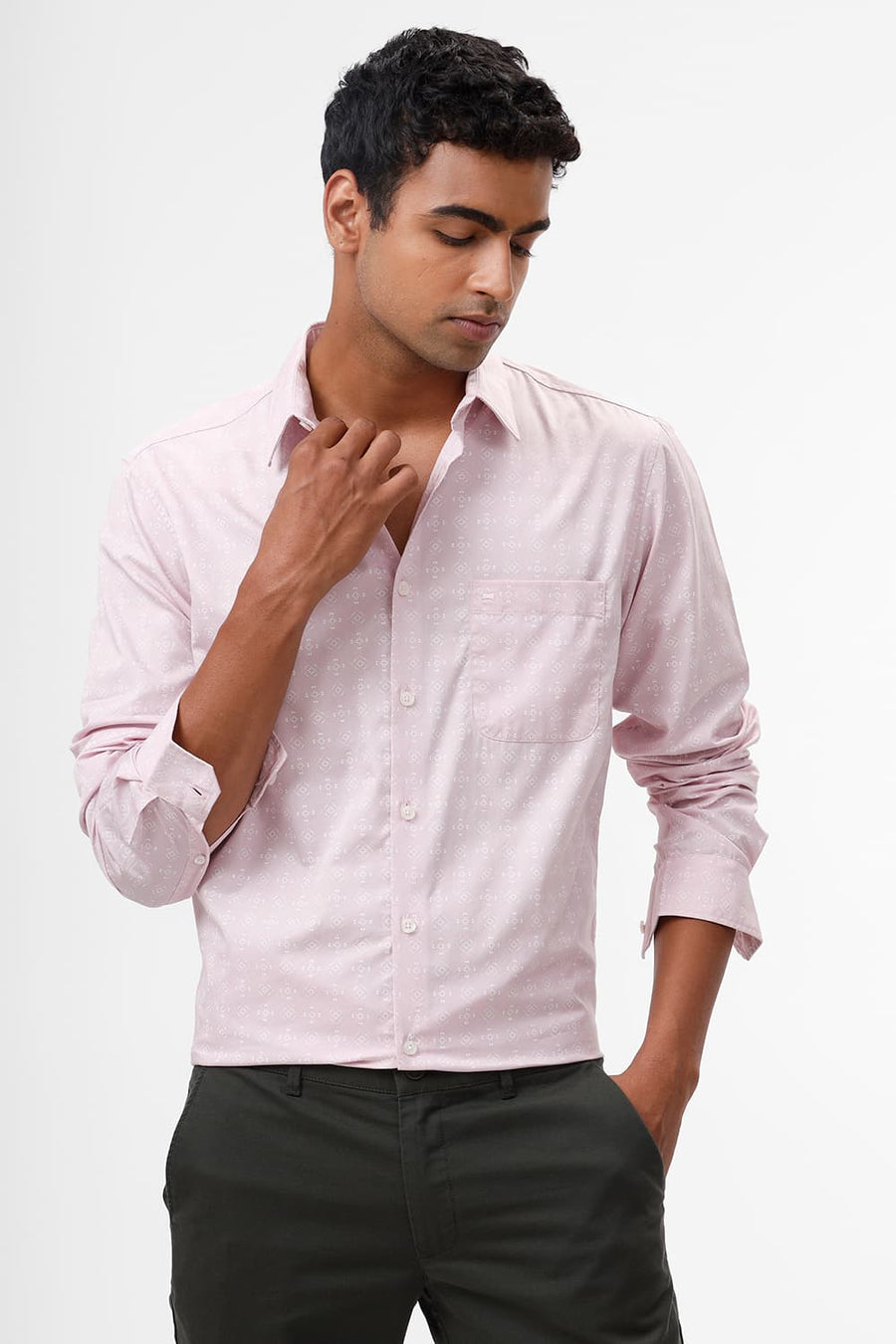 BASICS SLIM FIT CHALK PINK COTTON TWILL PRINTED SHIRT
