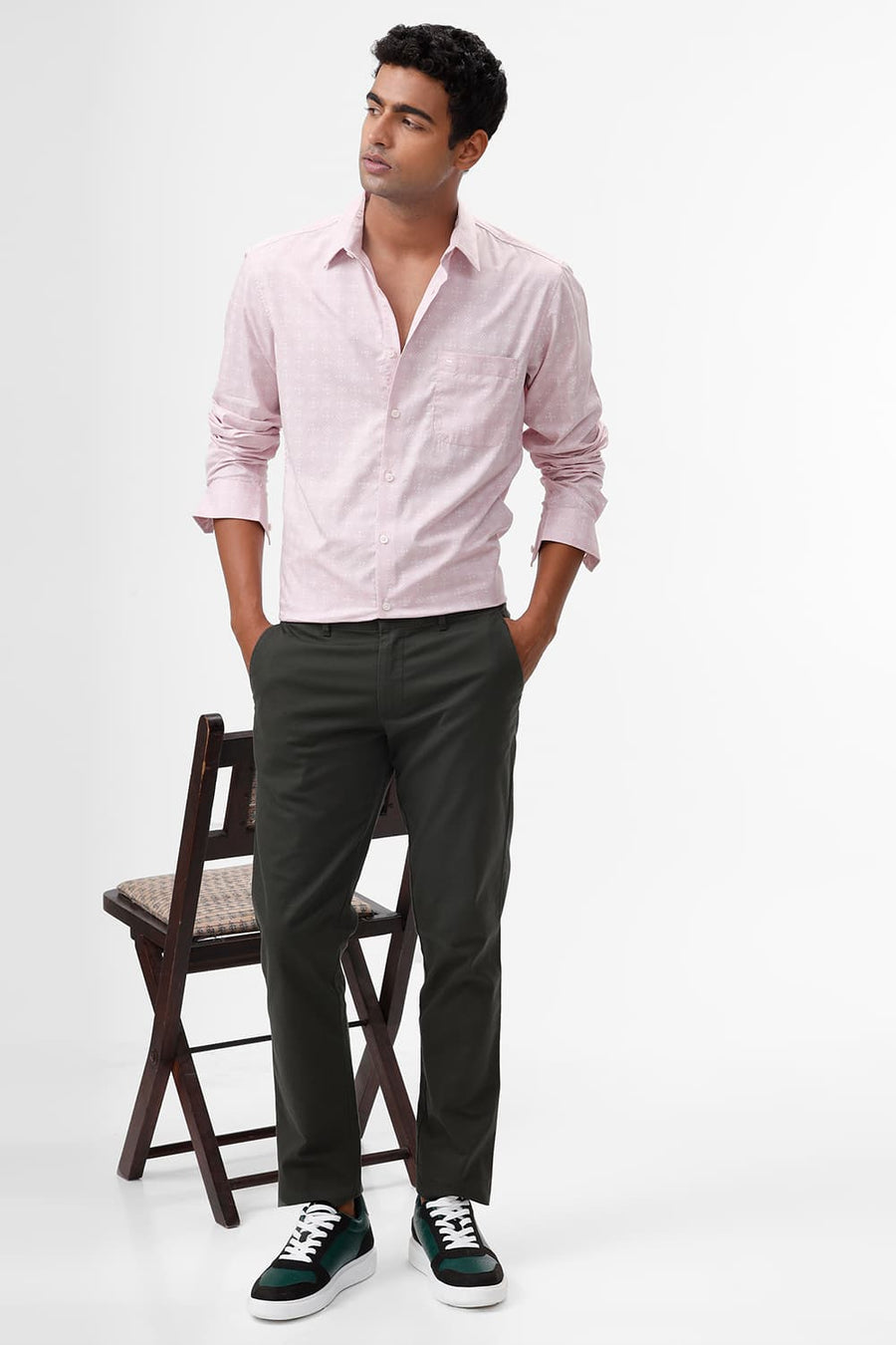 BASICS SLIM FIT CHALK PINK COTTON TWILL PRINTED SHIRT