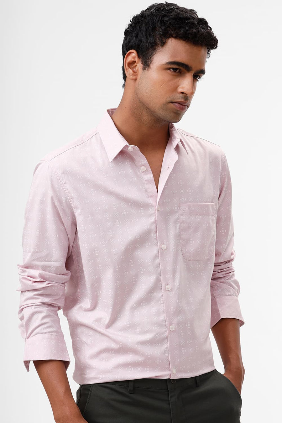 BASICS SLIM FIT CHALK PINK COTTON TWILL PRINTED SHIRT