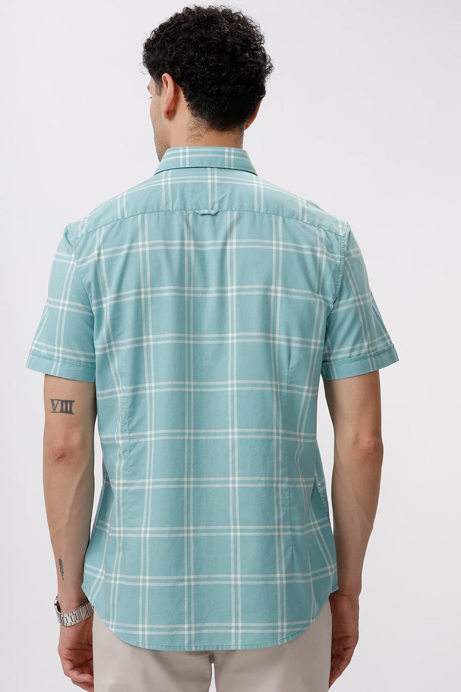 BASICS SLIM FIT AQUA GREEN COTTON OXFORD CHECKS HALFSLEEVES SHIRT