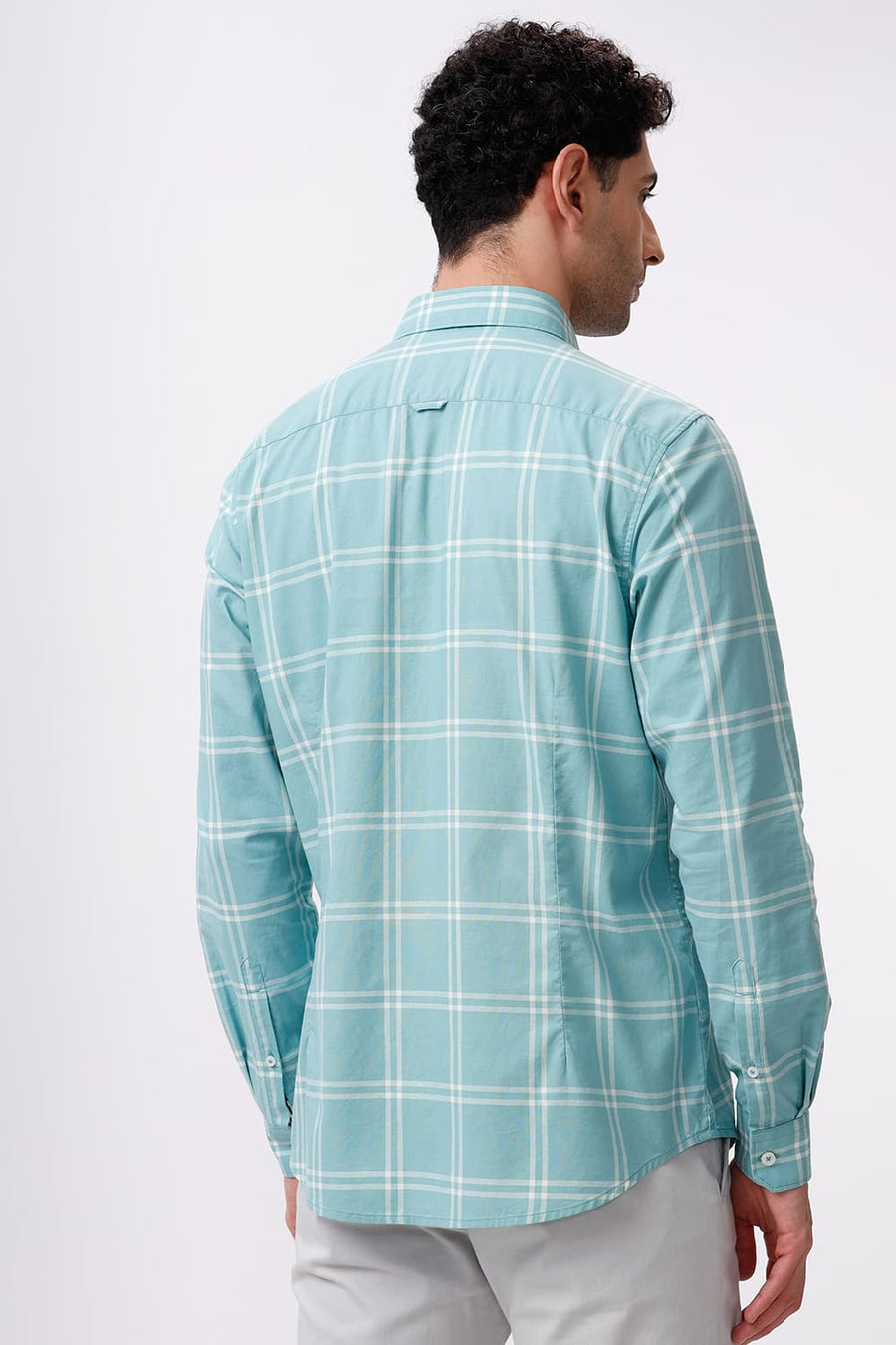 BASICS SLIM FIT AQUA GREEN COTTON OXFORD CHECKS SHIRT