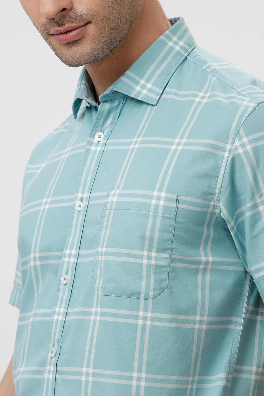 BASICS SLIM FIT AQUA GREEN COTTON OXFORD CHECKS HALFSLEEVES SHIRT