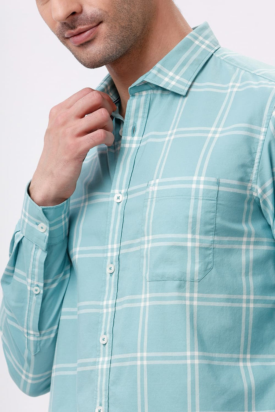 BASICS SLIM FIT AQUA GREEN COTTON OXFORD CHECKS SHIRT