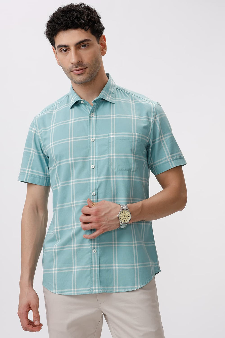 BASICS SLIM FIT AQUA GREEN COTTON OXFORD CHECKS HALFSLEEVES SHIRT