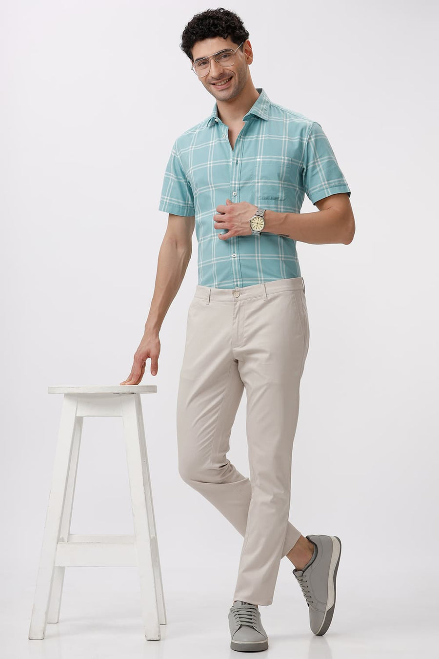BASICS SLIM FIT AQUA GREEN COTTON OXFORD CHECKS HALFSLEEVES SHIRT