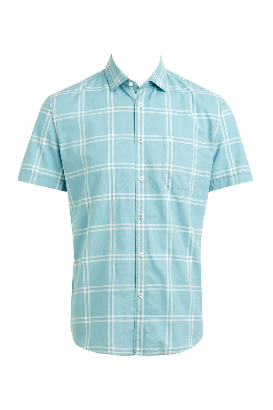 BASICS SLIM FIT AQUA GREEN COTTON OXFORD CHECKS HALFSLEEVES SHIRT
