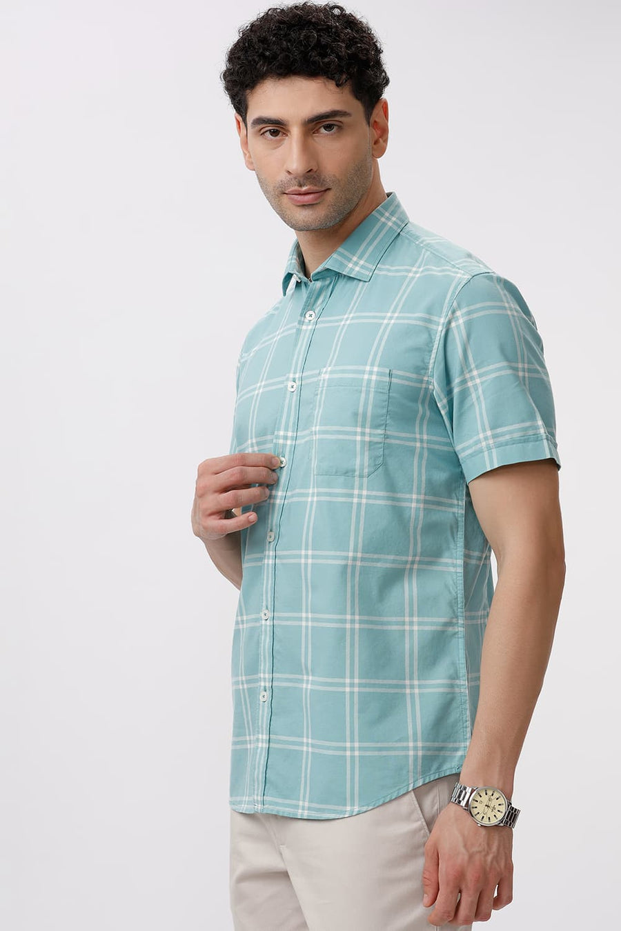 BASICS SLIM FIT AQUA GREEN COTTON OXFORD CHECKS HALFSLEEVES SHIRT