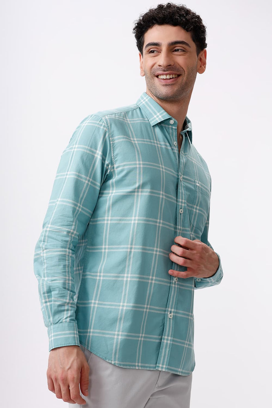 BASICS SLIM FIT AQUA GREEN COTTON OXFORD CHECKS SHIRT