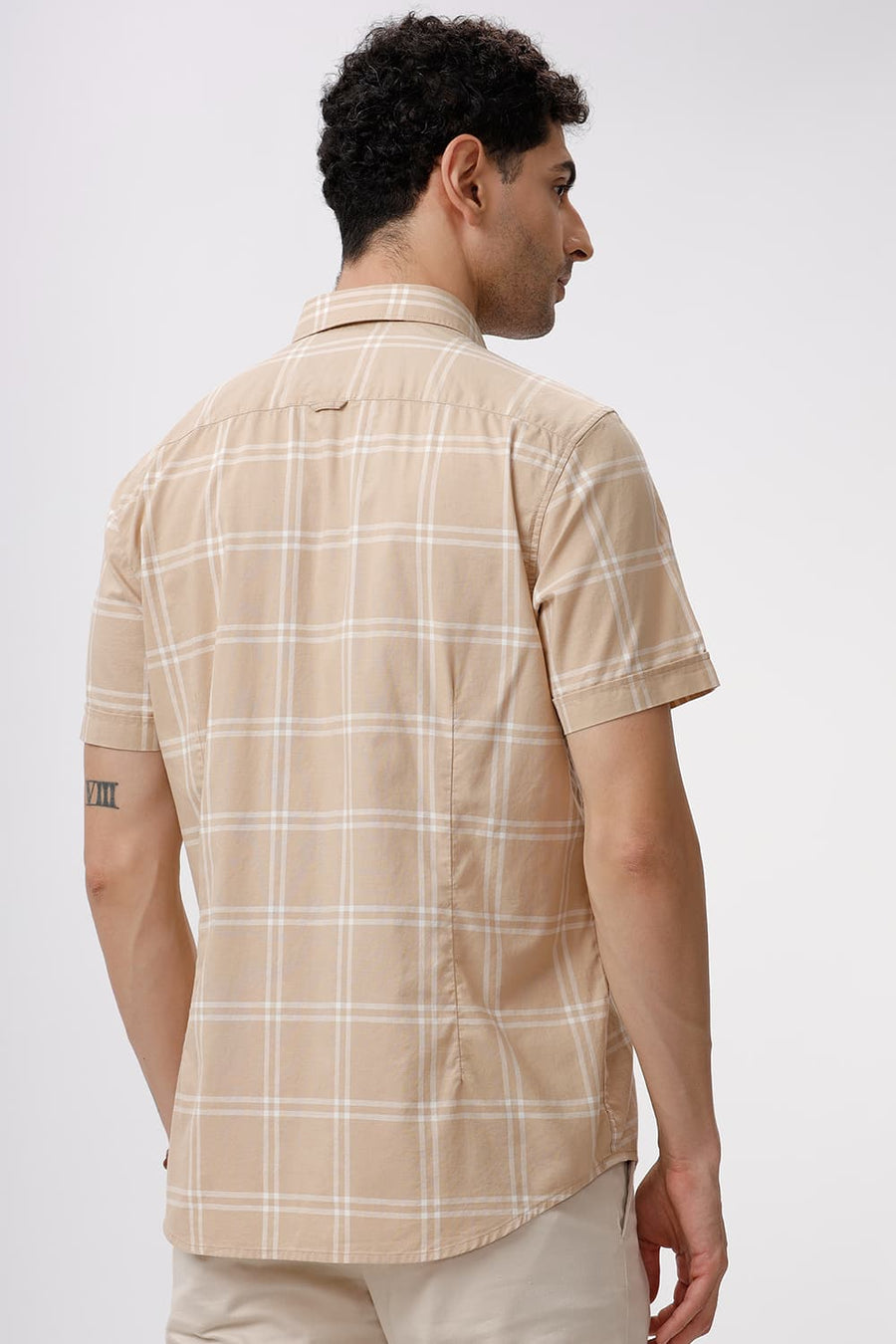 BASICS SLIM FIT BEIGE SAND COTTON OXFORD CHECKS HALFSLEEVES SHIRT