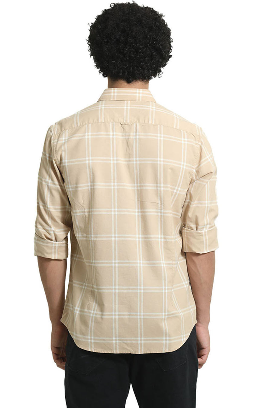BASICS SLIM FIT BEIGE SAND COTTON OXFORD CHECKS SHIRT