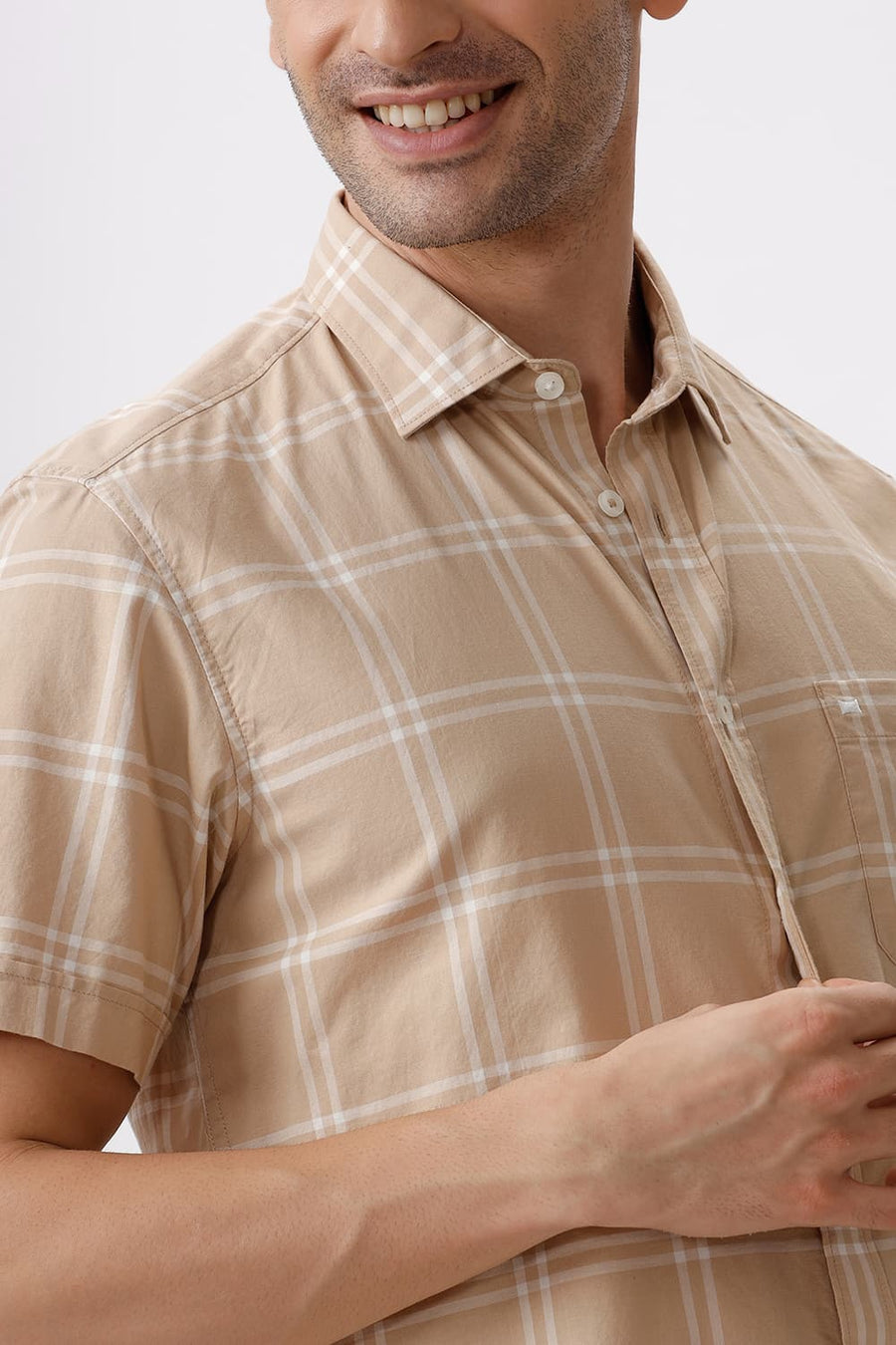 BASICS SLIM FIT BEIGE SAND COTTON OXFORD CHECKS HALFSLEEVES SHIRT