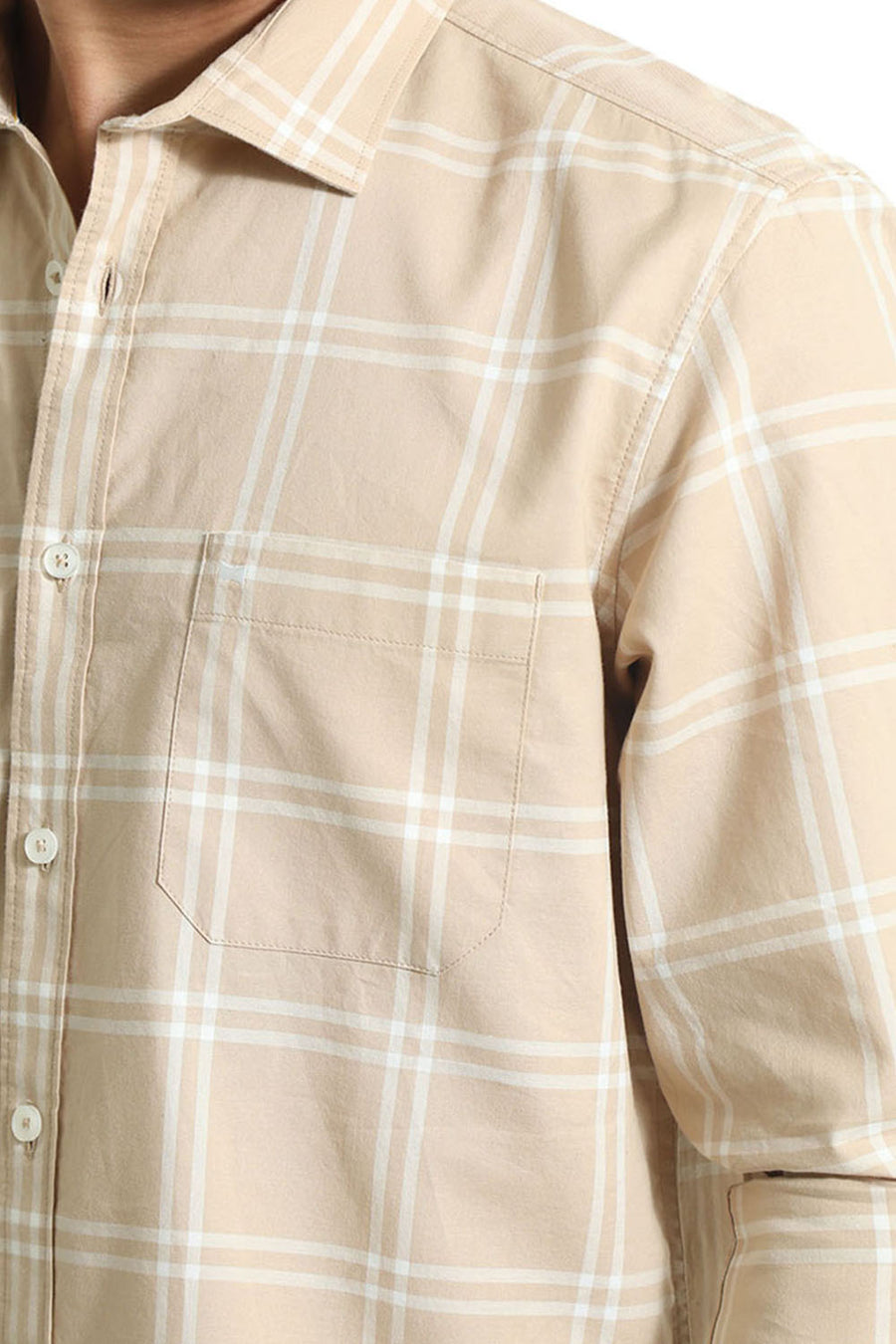 BASICS SLIM FIT BEIGE SAND COTTON OXFORD CHECKS SHIRT